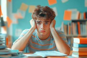 Young man with blue eyes sitting at a desk with books, looking stressed. photo
