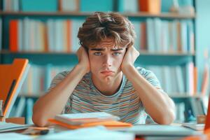 Young Man Resting Head On Hands While Studying In Library photo
