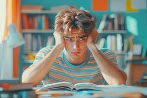 Frustrated Young Man Studying With Open Book photo