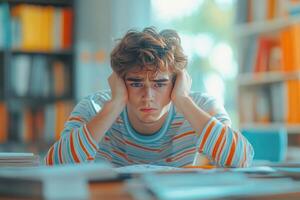Young Man with Blue Eyes Resting His Head on His Hands photo