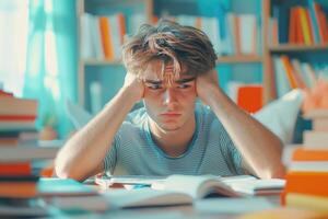 Young Man Feeling Overwhelmed by Studying in a Library photo