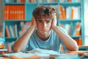 A Tired Student Overwhelmed with Schoolwork in a Library photo
