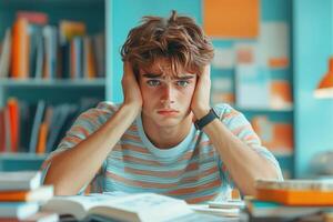 A Young Man Wearing a Striped Shirt Looks Down While Holding His Head in His Hands photo