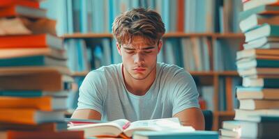 A Young Man Focused on Studying in a Library photo
