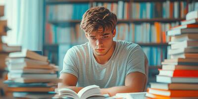 Young Man Concentrating on Reading a Book in a Library photo