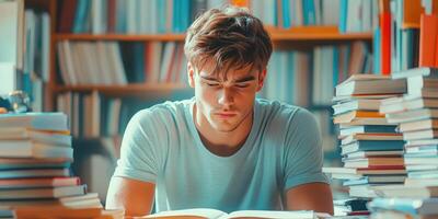 Young Man Studying in a Library Surrounded by Books photo