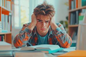 Frustrated Teenage Boy Studying in Library with Books photo