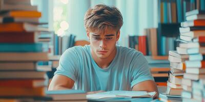 Young Man Studying Surrounded by Stacked Books photo