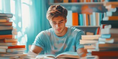 Young Man Focused on Studying with a Pile of Books photo
