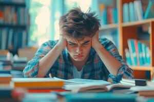 Frustrated Young Man Studying at a Desk Surrounded by Books photo