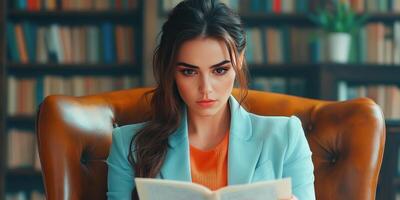 Young Woman Reading a Book in a Leather Chair photo