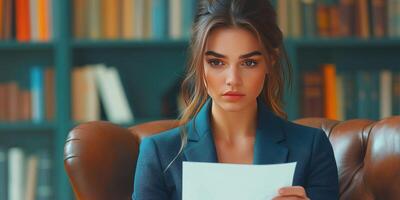 Woman in a Blue Blazer Holding a White Paper photo