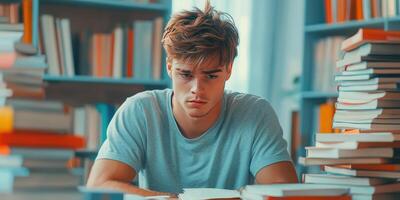 A Young Man Studies Surrounded by Books in a Library photo