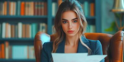 Woman in Blue Blazer Reading a Document in a Leather Chair photo