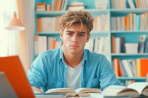 A young man studying in a library, surrounded by books photo