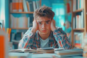Young Man Stressed Over Books in Library photo