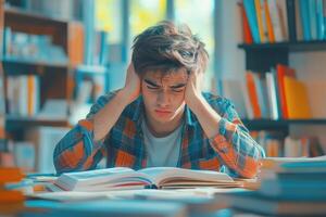 Frustrated Student Studying in a Library photo