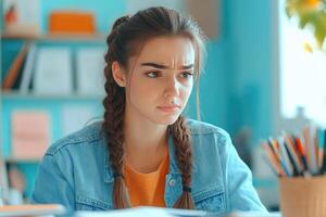 Young woman with braided hair looking thoughtful while sitting at a desk photo