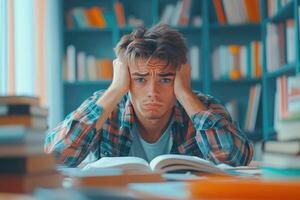 Young Man Sitting at a Desk Feeling Stressed While Studying photo