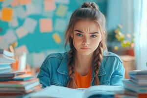 Young Woman With Frowning Expression Studying at a Desk photo