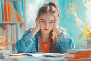 Frustrated Young Woman Studying at a Desk photo