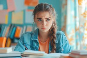 A young woman with a serious expression looks at the camera while sitting at a desk with books in front of her. photo
