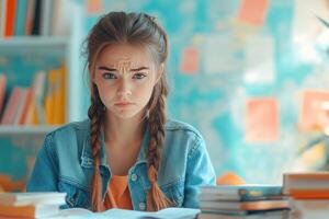 Young girl with braids looking down at a book with a frustrated expression. photo