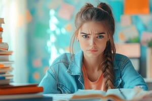Young Woman with Frowning Expression Studying at a Desk photo