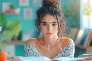 Young Woman with Frowning Expression and Messy Hair photo