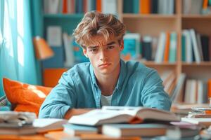 Young Man Studying at Home Surrounded by Books photo