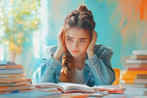 Young Woman Feeling Overwhelmed by Books and Study photo