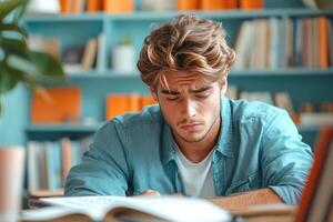 Young Man Concentrated on Reading in a Library Setting photo