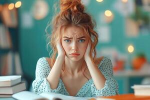A Young Woman with a Worried Expression Sits at a Desk with Books photo