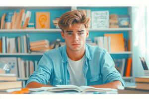 Young Man Studying at a Desk with Bookshelves in the Background photo