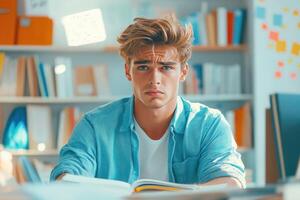 Young Man Studying with Serious Expression in a Library Setting photo