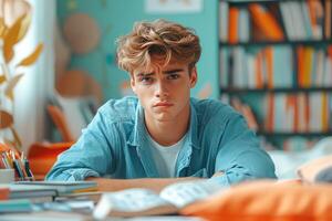 Young Man with Blonde Hair Sitting at a Desk with Books photo