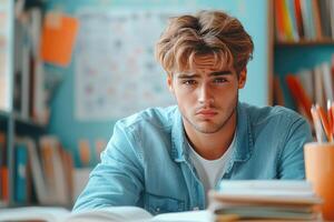 Young man in denim shirt studying with books and a pen holder photo