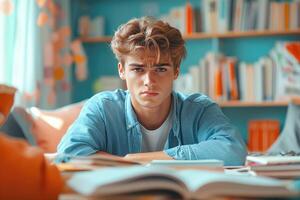 Young Man Studying at a Desk with Books and Papers photo