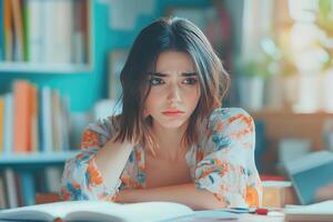 Young Woman With Worried Expression Leaning On Open Book photo