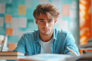 Young man with blue shirt studying at a desk photo