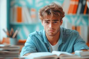 Young Man Studying with a Serious Expression in a Library photo