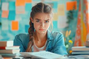 Young Woman with a Worried Expression Sitting at a Desk Surrounded by Books photo