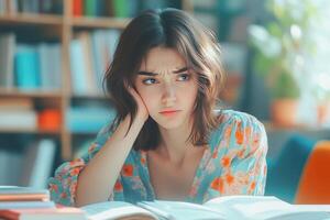 Thoughtful Young Woman with Open Book in Library Setting photo