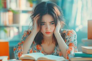 A Young Woman With Blue Eyes Looks Stressed While Sitting With A Book In Front Of Her. photo