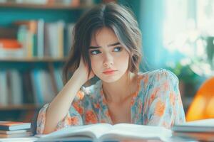 Thoughtful Young Woman Studying in Library with Open Book photo