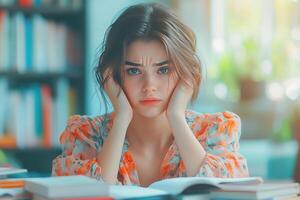 A young woman with a frustrated expression sits with her hands on her head, books in front of her. photo