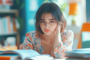 Young woman with thoughtful expression leaning on her hand while studying photo