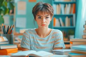 A young woman with short brown hair sits at a desk with books, looking thoughtful. photo