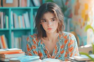 Young Woman in Floral Dress Looks Pensive in a Library photo
