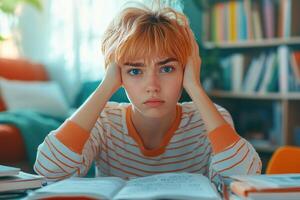 Young Woman with Short Blonde Hair Sitting at Desk with Books, Looking Upset photo